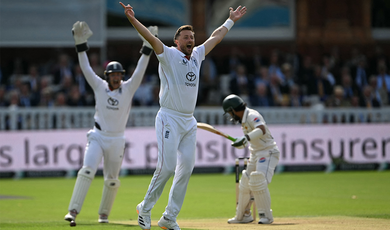 England’s Ollie Robinson appeals for a LBW decision against Pakistan’s Mohammad Rizwan, given after a successful review on day two of the second test match between England and Pakistan at Lord’s cricket ground in London on August 28, 2026. (AFP)