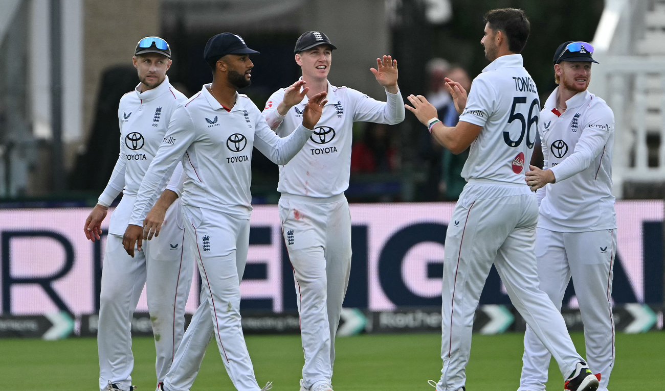 England's Harry Brook (C) celebrates with England's Josh Tongue (2R) after they combine to dismiss Pakistan's Saud Shakeel on day four of the second test match between England and Pakistan at Lord's cricket ground in London on August 30, 2026. (AFP)