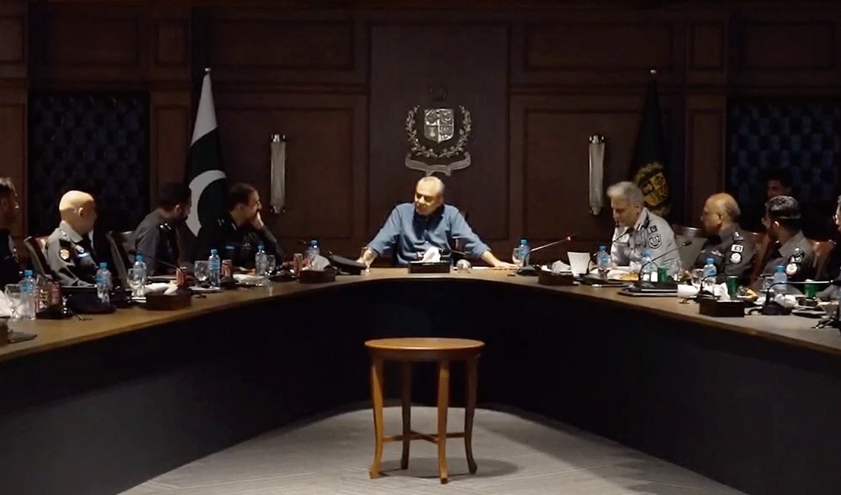 Screengrab taken from a video shared by Pakistan's Ministry of Interior on August 6, 2026 showing Interior Minister Mohsin Naqvi (center) chairing a meeting with ASPs in Islamabad, Pakistan. (Ministry of Interior)