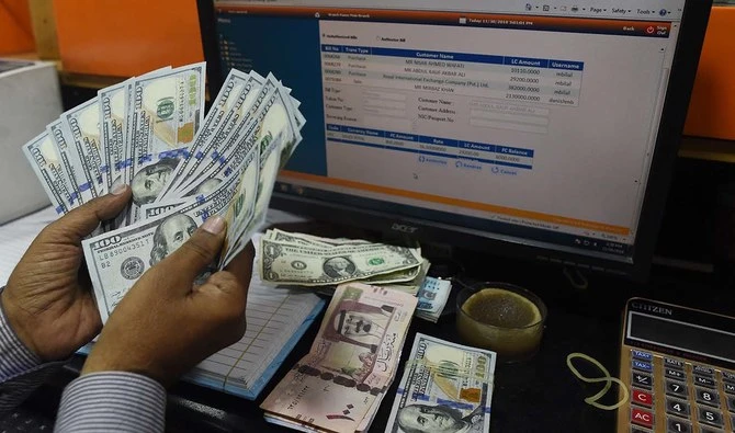 A Pakistani dealer counts US dollars at a currency exchange shop in Karachi on November 30, 2018. (AFP/File)