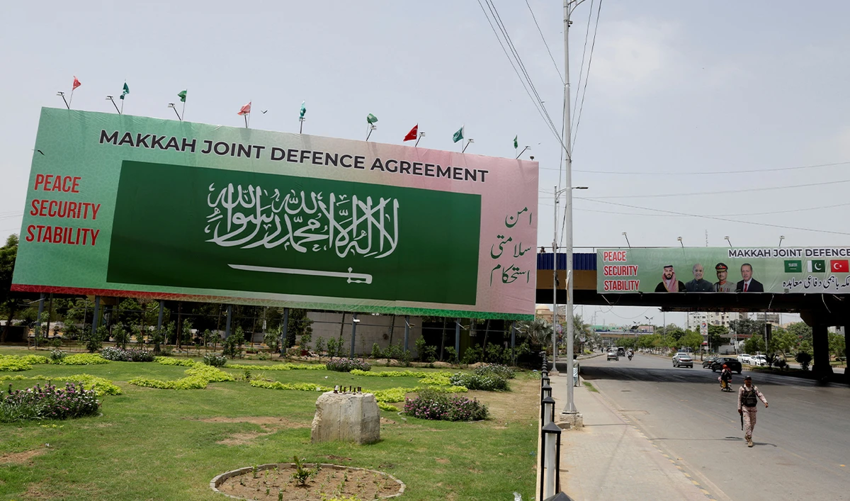 Billboards display the Saudi Arabia flag and portraits of Saudi Crown Prince and Prime Minister Mohammed bin Salman, Pakistan’s Prime Minister Shehbaz Sharif, Pakistan’s Chief of Defense Forces (CDF), Field Marshal Asim Munir, and Turkish President Recep Tayyip Erdogan, following the signing of the Makkah Joint Defense Agreement, in Karachi, Pakistan, on August 9, 2026. (REUTERS/File)