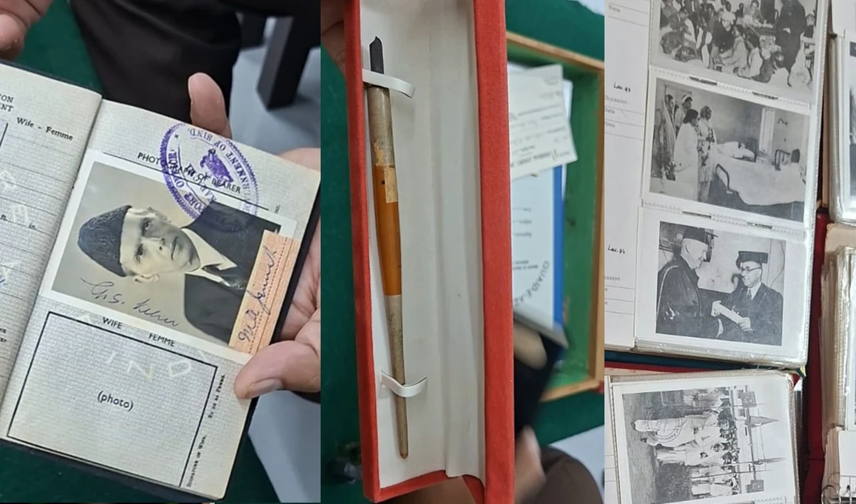 Quaid-e-Azam Muhammad Ali Jinnah’s passport (left), fountain pen (center) and an old photograph are seen at the Quaid Cell at the National Archives of Pakistan in Islamabad on August 13, 2026. (AN)