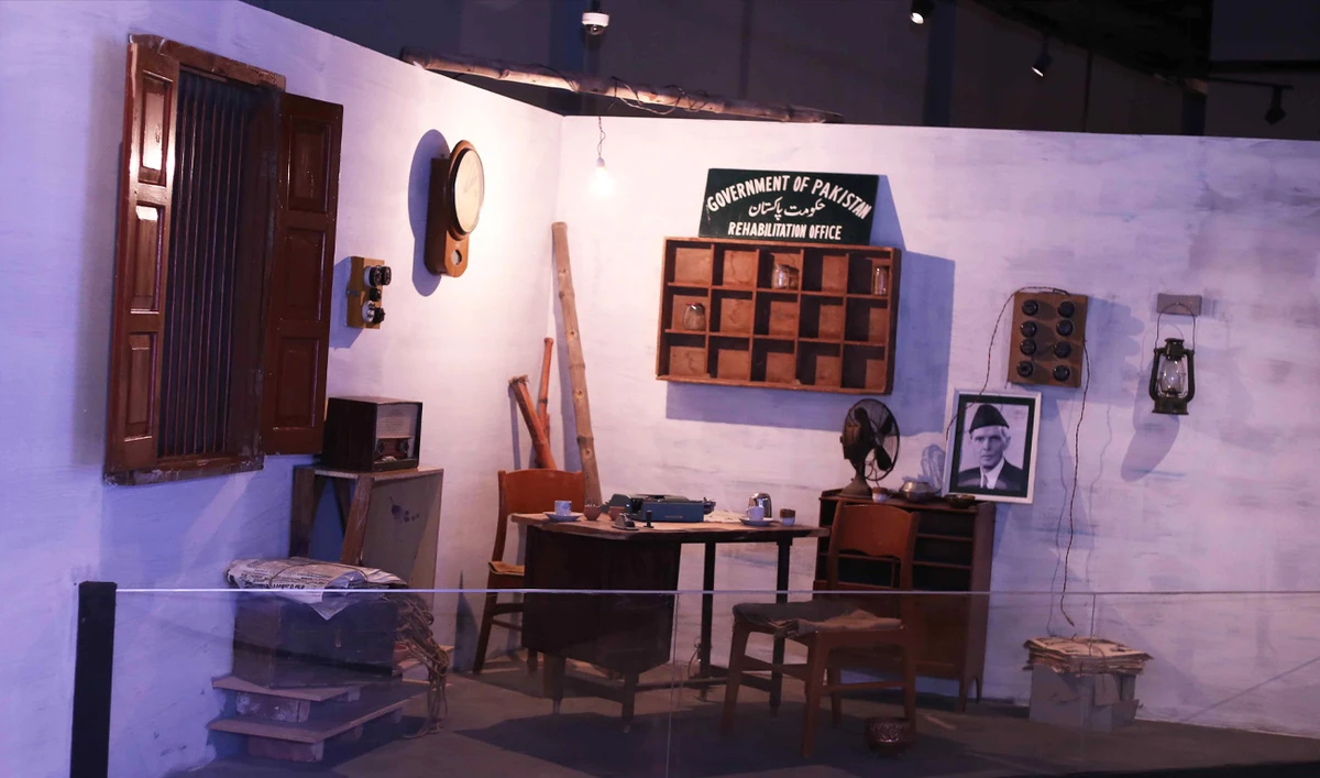 A recreation of a Government of Pakistan Rehabilitation Office, featuring period furniture and objects, is displayed at the National History Museum in Lahore, Pakistan, on August 15, 2026. (AN)