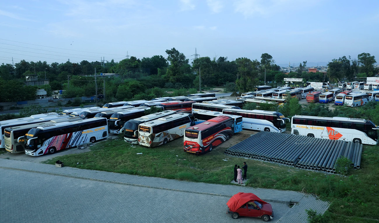 Buses are parked at a terminal, following the suspension of transport and closure of markets on security restrictions, in Islamabad, Pakistan, on April 24, 2026. (REUTERS/File)