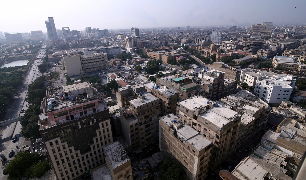 An aerial view shows a mix of high-rise buildings and urban landscape in Karachi, Pakistan, on October 30, 2025. (EPA/File)