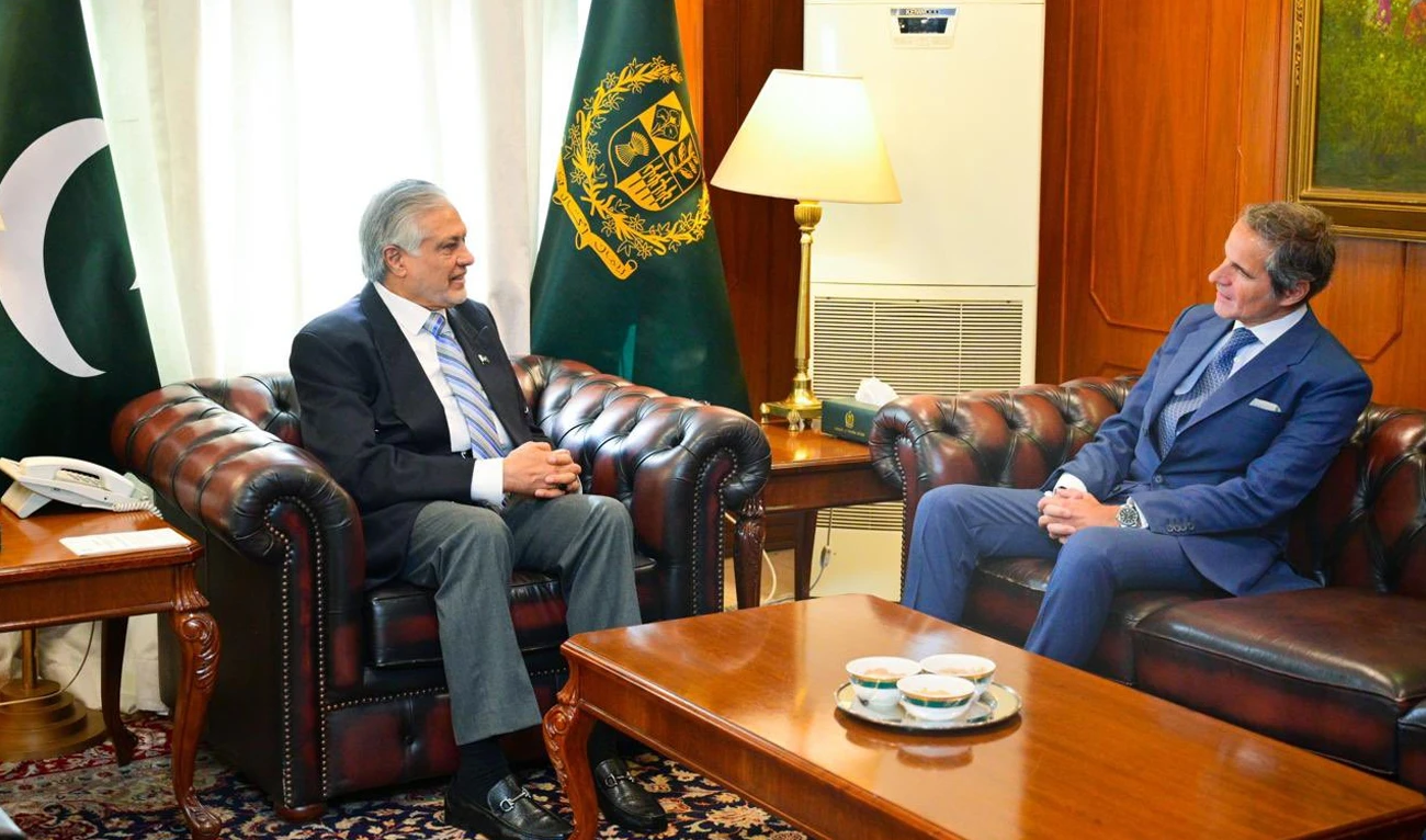 Director General of the International Atomic Energy Agency (IAEA), Rafael Mariano Grossi (right), meets Pakistan’s Deputy Prime Minister and Foreign Minister, Ishaq Dar, in Islamabad, Pakistan, on February 12, 2025. (Foreign Office/File)