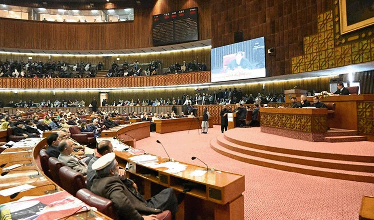In this handout photo, taken and released by the Government of Pakistan, members of Pakistan’s lower house of parliament attend the National Assembly meeting in Islamabad on March 1, 2024. (X/@NAofPakistan/File)