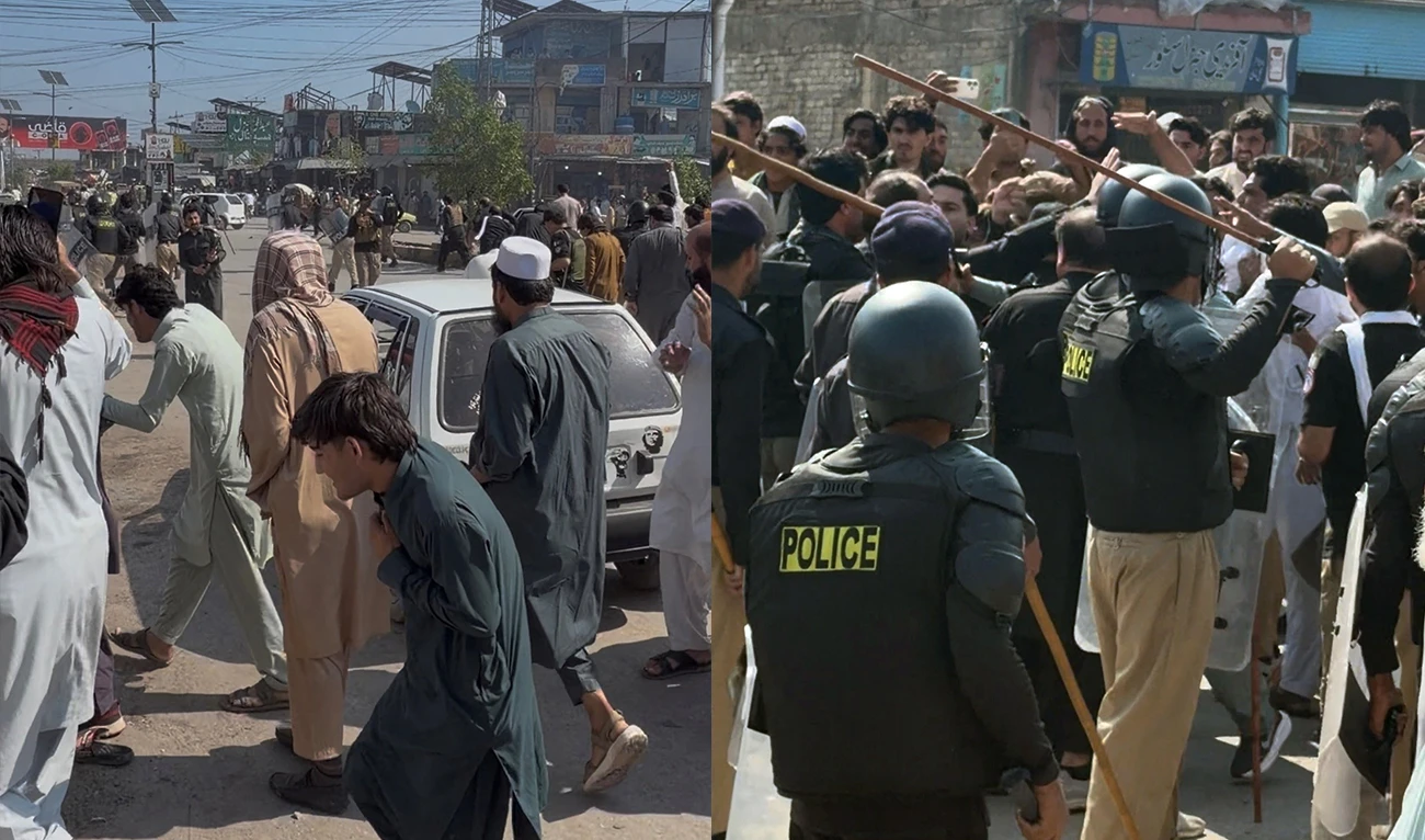 Police officers with batons stand near protesters demonstrating a day after Pakistan imposed a state of emergency in Khyber Pakhtunkhwa province and suspended the provincial government led by jailed former Pakistani Prime Minister Imran Khan’s party, Pakistan Tehreek-e-Insaf (PTI), in Bara, Khyber Pakhtunkhwa province, Pakistan, on October 12, 2026. (Reuters)
