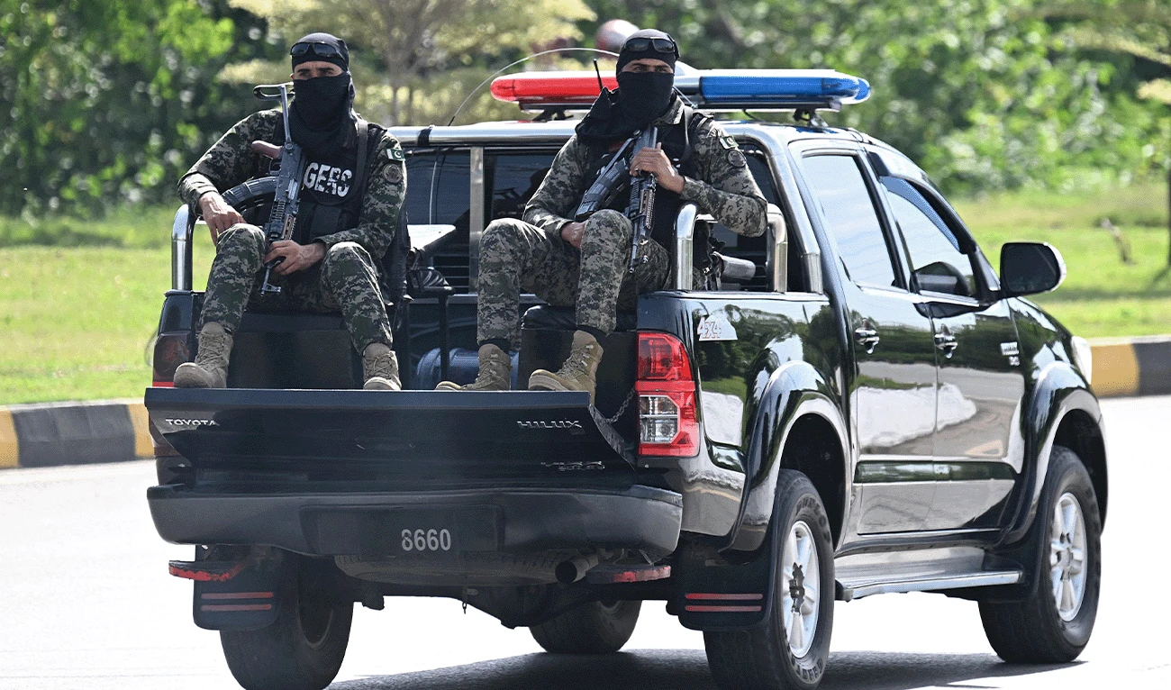 Paramilitary Rangers patrol along a road near the Serena Hotel at the Red Zone area in Islamabad on April 21, 2026. (AFP/File)