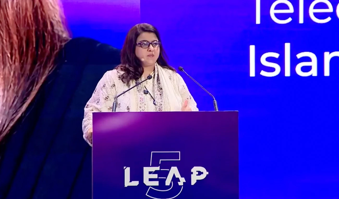 The screengrab taken from a video on September 3, 2026, shows Pakistan’s IT Minister Shaza Fatima Khawaja addressing the LEAP 2026 conference in Riyadh, Saudi Arabia. (Facebook/Shaza Fatima Khawaja)