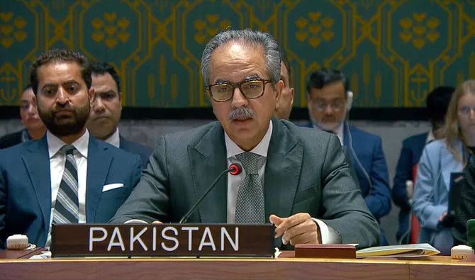 Ambassador Asim Iftikhar Ahmad, Pakistan’s permanent representative to the United Nations, addresses the UN Security Council briefing on Libya, in New York, US, on August 18, 2026. (X/@PakistanUN_NY)