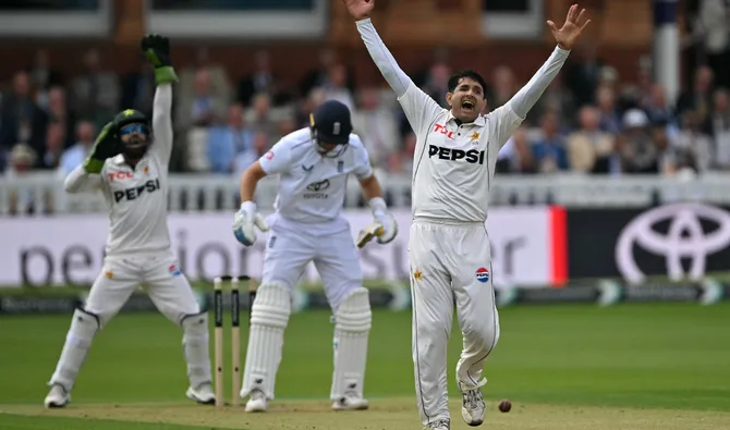 Pakistan's Muhammad Abbas celebrates taking the wicket of England's Joe Root on day one of the second test match between England and Pakistan at Lord's cricket ground in Leeds, London on August 27, 2026. (AFP)