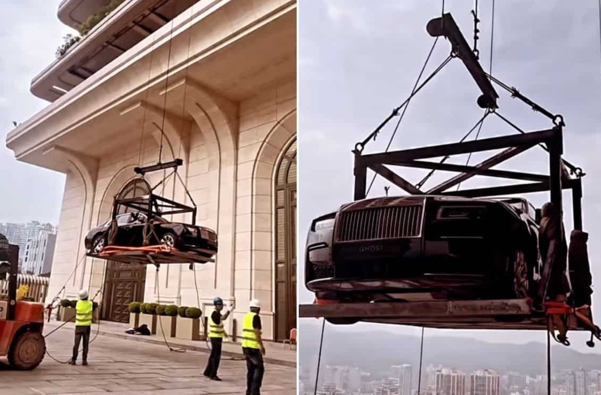 صيني يرفع سيارته الفارهة لشرفة منزله بالطابق الـ 44