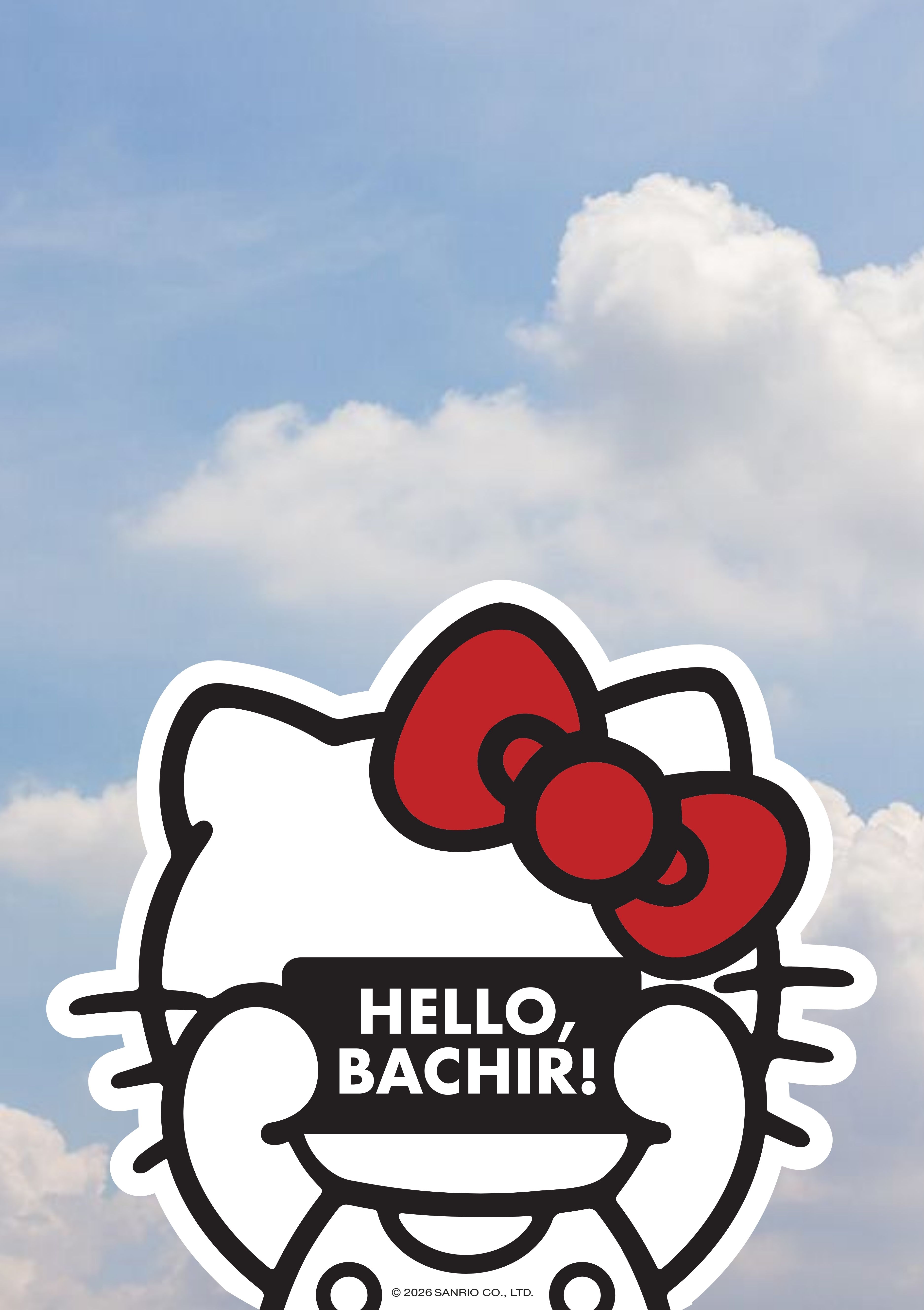 Hello Kitty, célèbre personnage de Sanrio, s'adresse à Bachir dans un message coloré sous un ciel nuageux, mettant en avant l'universalité de la marque.