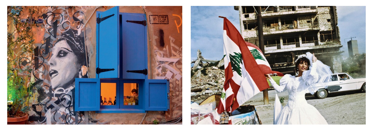 Une fresque murale et une fenêtre bleue illustrent la vie artistique à Beyrouth, tandis qu'une mariée brandissant le drapeau libanais évoque l'espoir et la résilience dans un décor de destruction.