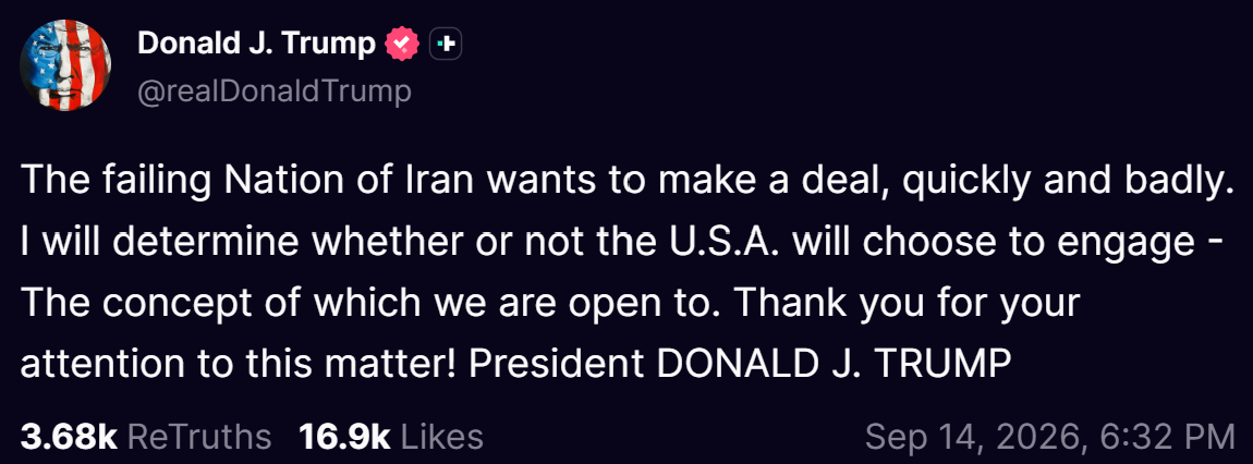 Donald Trump déclare sur les réseaux sociaux que l'Iran souhaite rapidement conclure un accord, ajoutant qu'il décidera de l'engagement des États-Unis dans ce processus.