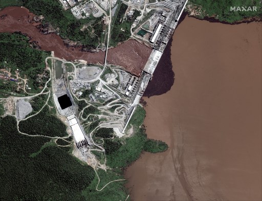 Image satellite montrant une vue de l’Éthiopie (Nord-Ouest) centrée sur le Grand Ethiopian Renaissance Dam (GERD) et le Nil bleu en juillet 2020. (©2020 Maxar Technologies/AFP)