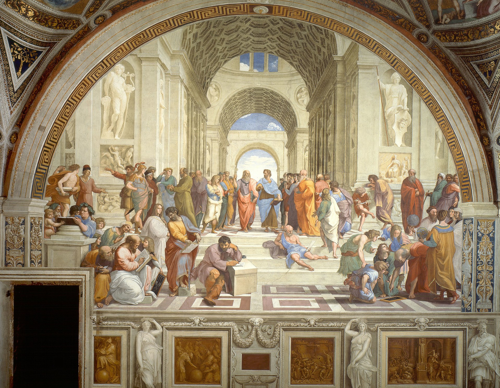 Vision rapprochée de la tapisserie "l'École d'Athènes" (Shutterstock)