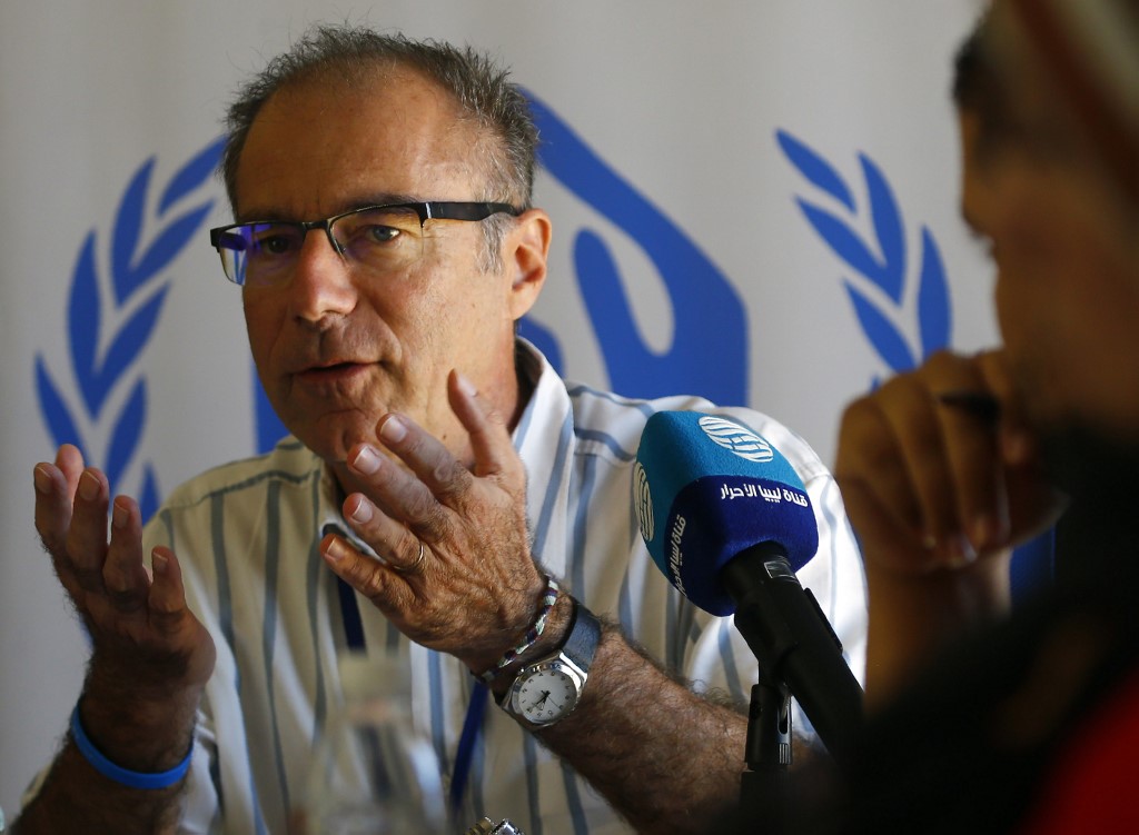 Le chef de mission de l’UNHCR en Libye, Jean-Paul Cavalieri, donnant une conférence de presse à Tripoli en décembre dernier (Photo, Mahmud TURKIA/AFP).