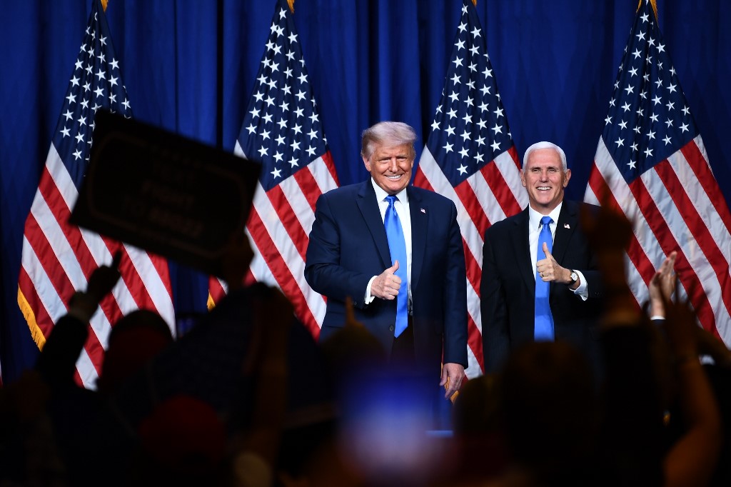 Le président américain Donald Trump et le vice-président Mike Pence lors du premier jour de la Convention nationale républicaine le 24 août 2020 à Charlotte, en Caroline du Nord. (Brendan SMIALOWSKI/ AFP)