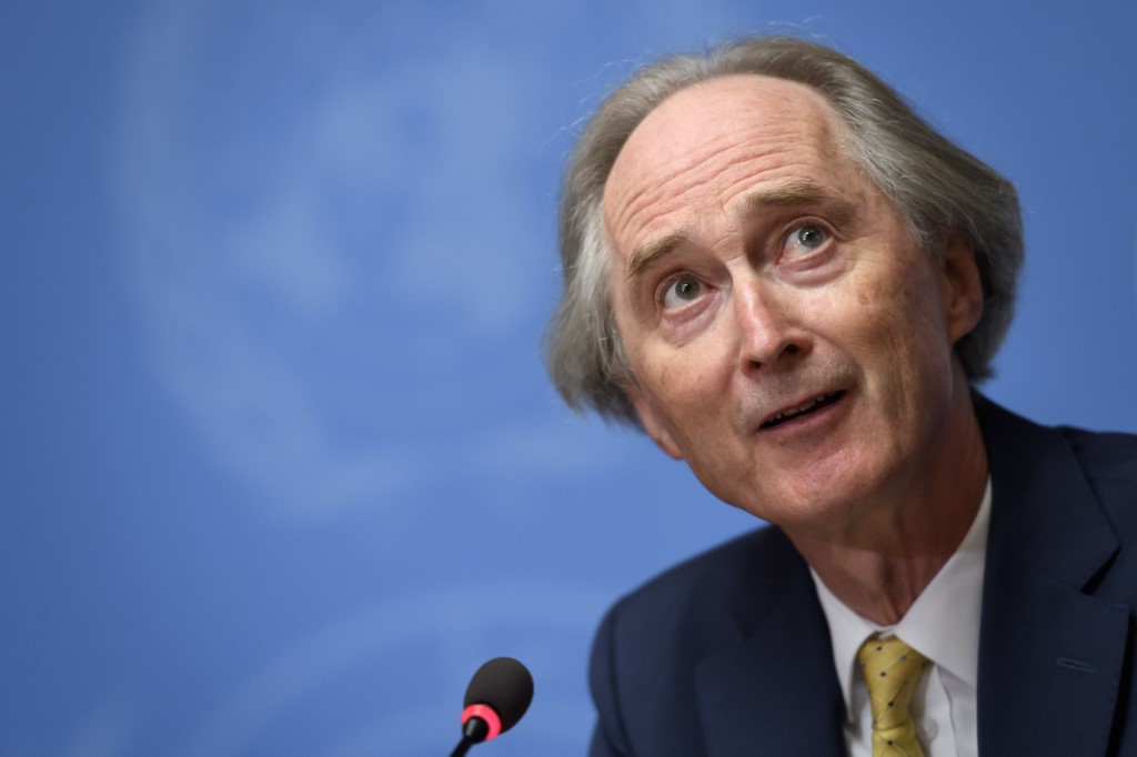 L'envoyé spécial de l'ONU en Syrie, Geir Pedersen, lors d' une conférence de presse avant la reprise des pourparlers sur une nouvelle constitution pour la Syrie (Fabrice Coffrini/AFP)