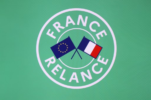 Le logo « France Relance » lors de la conférence de presse du 3 septembre sur le plan de relance du gouvernement suite à a crise provoquée par la pandémie. (Ludovic Marin/AFP/Pool)
