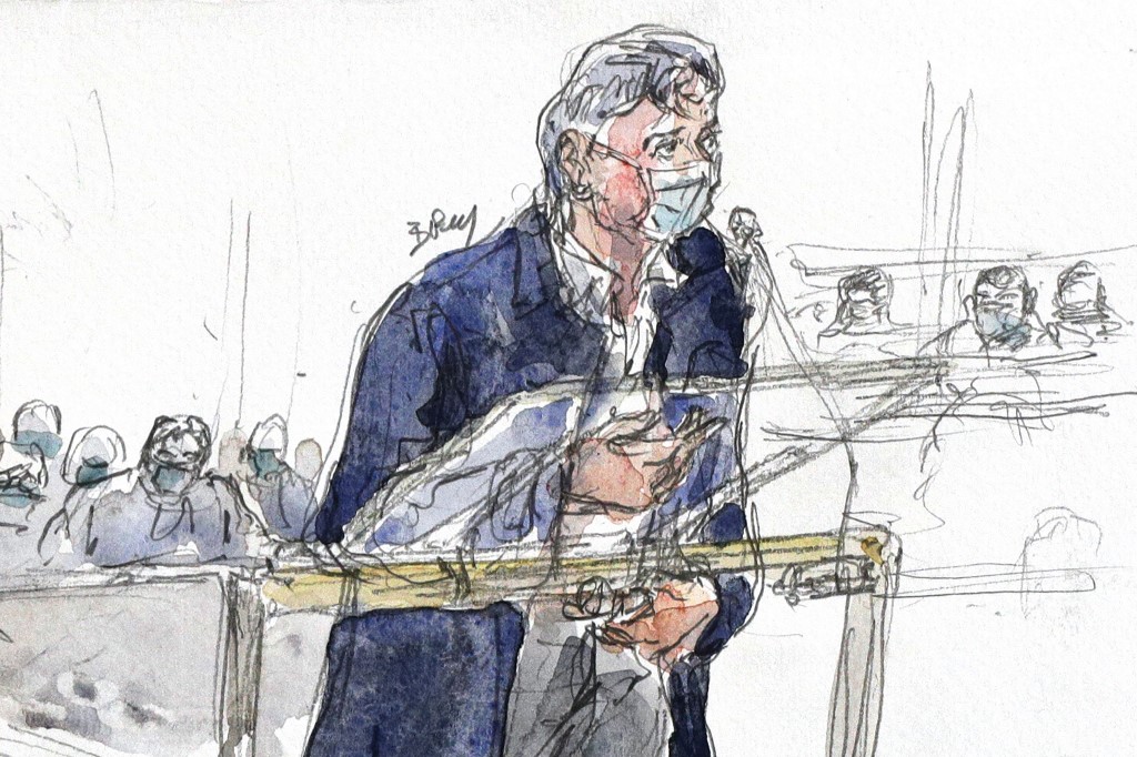 Le directeur de Charlie Hebdo, Laurent Sourisseau alias Riss, lors de son intervention au procès des attentats de 2015 (Dessin, Benoit PEYRUCQ/AFP).