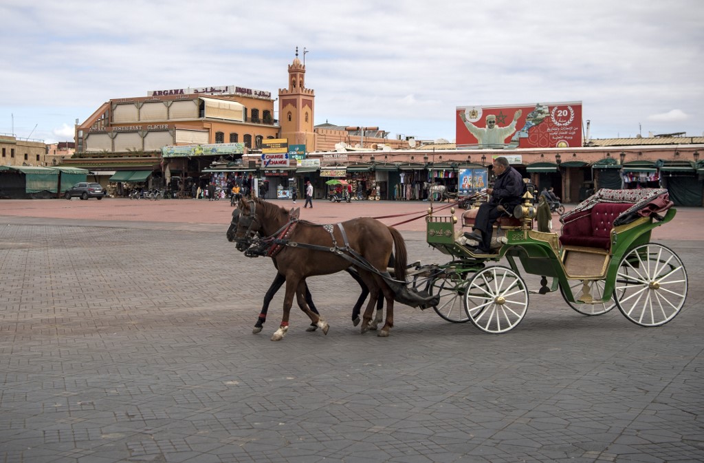 Un conducteur marocain d'une calèche attend des clients sur la place Jamaa el-Fna presque déserte à Marrakech (AFP)