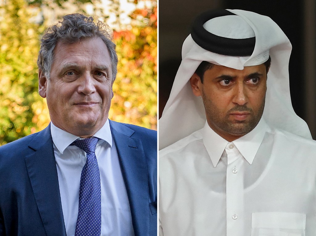 Les deux prévenus, Jérôme Valcke et Nasser Al Khelaïfi (Photo, Karim JAAFAR, Fabrice COFFRINI/AFP).