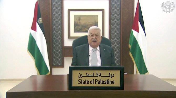 Le président palestinien Mahmoud Abbas s'exprime dans un message diffusé lors de la 75e session de l'AGNU le 25 septembre 2020, au siège de l'ONU. (AP)