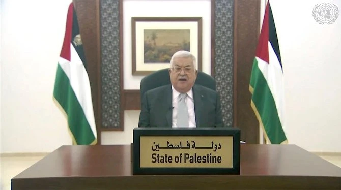 Le président palestinien Mahmoud Abbas s'exprime dans un message diffusé lors de la 75e session de l'AGNU le 25 septembre 2020, au siège de l'ONU. (AP)