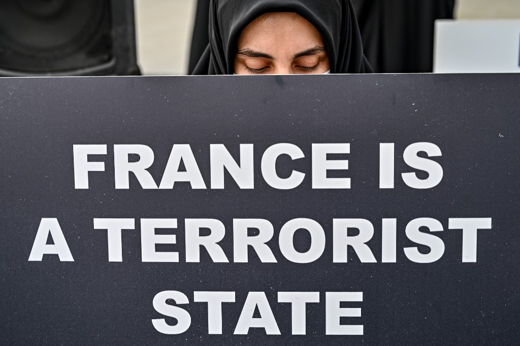Une femme turque à Istanbul avec une pancarte "La France est un état terroriste"(AFP)