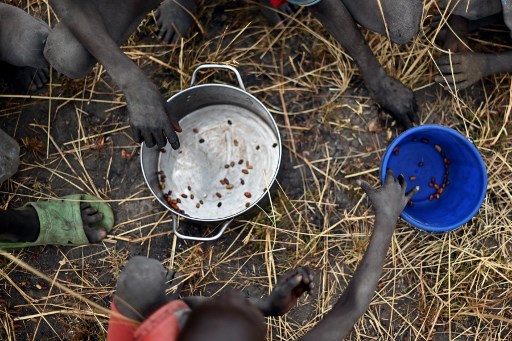 Au Soudan du Sud, des enfants ramassent des grains tombés de sacs lancés d’avion par le PAM (Tony Karumba/AFP