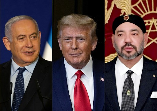 Cette combinaison d'images de fichiers créées le 10 décembre 2020 montre Le Premier ministre israélien Benjamin Netanyahu (g), le président américain Donald Trump (c) et le roi du Maroc Mohammed VI (d). (Tasos Katopodis, Maya Alleruzzo, Document / Getty images Amérique du nord /Pool / Palais Royal du Maroc /AFP)