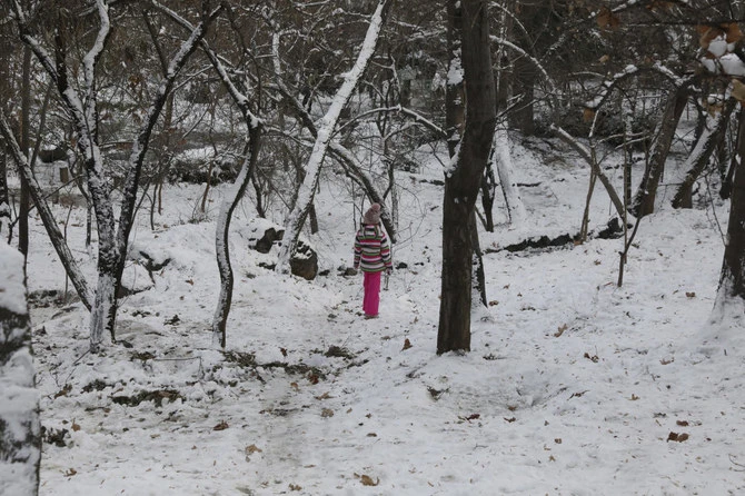 Une fille debout sur la neige dans un parc du nord de Téhéran, en Iran, le vendredi 25 décembre 2020 (AP)