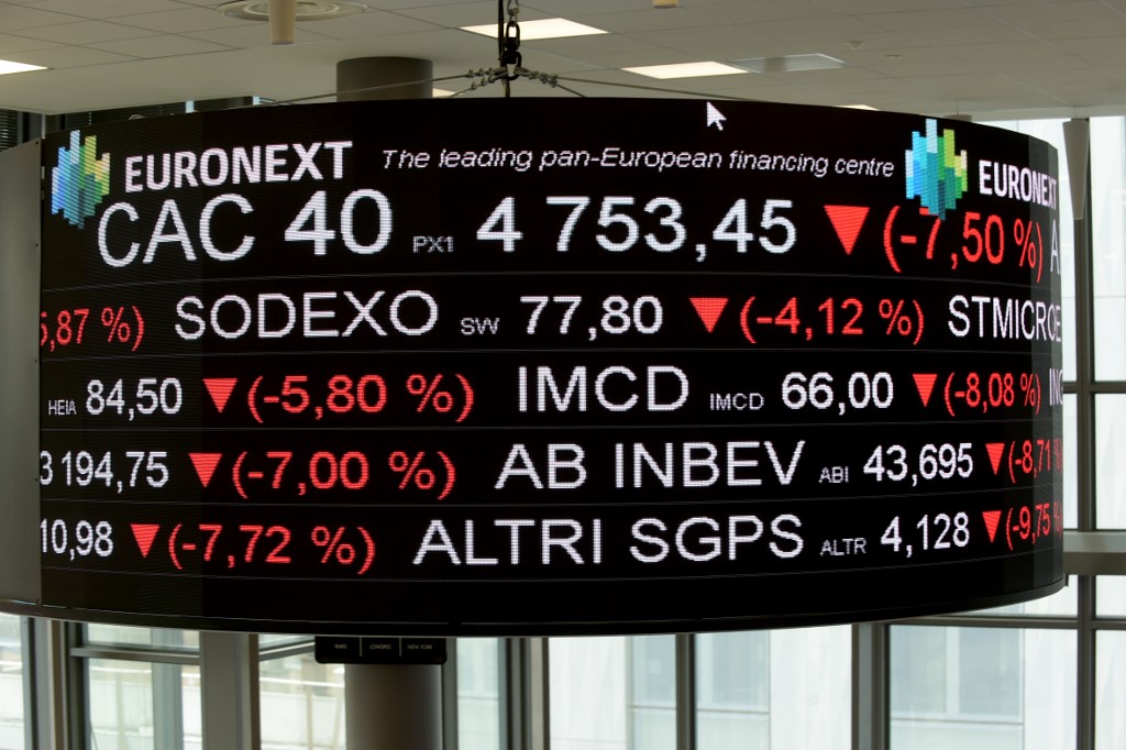 Un écran affiche le CAC 40 parmi les tickers boursiers affichés au siège de la bourse paneuropéenne Euronext, dans le quartier de La Défense, près de Paris, le 9 mars 2020. (AFP)