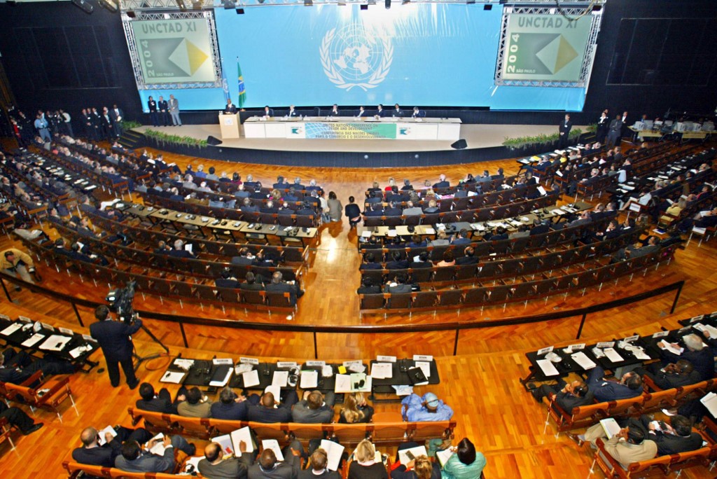 Vue générale de la cérémonie d'ouverture de la onzième conférence de la CNUCED (Nations Unies sur le commerce et le développement) le 14 juin 2004 à Sao Paulo, Brésil. (AFP)