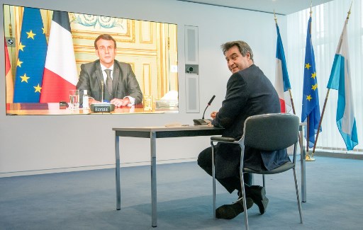 Une visioconférence entre Emmanuel Macron et Markus Söder, le favori des sondages pour succéder à Angela Merkel en Allemagne (Photo, AFP)