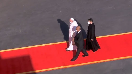 Le pape François reçu par Barham Saleh au palais présidentiel à Bagdad