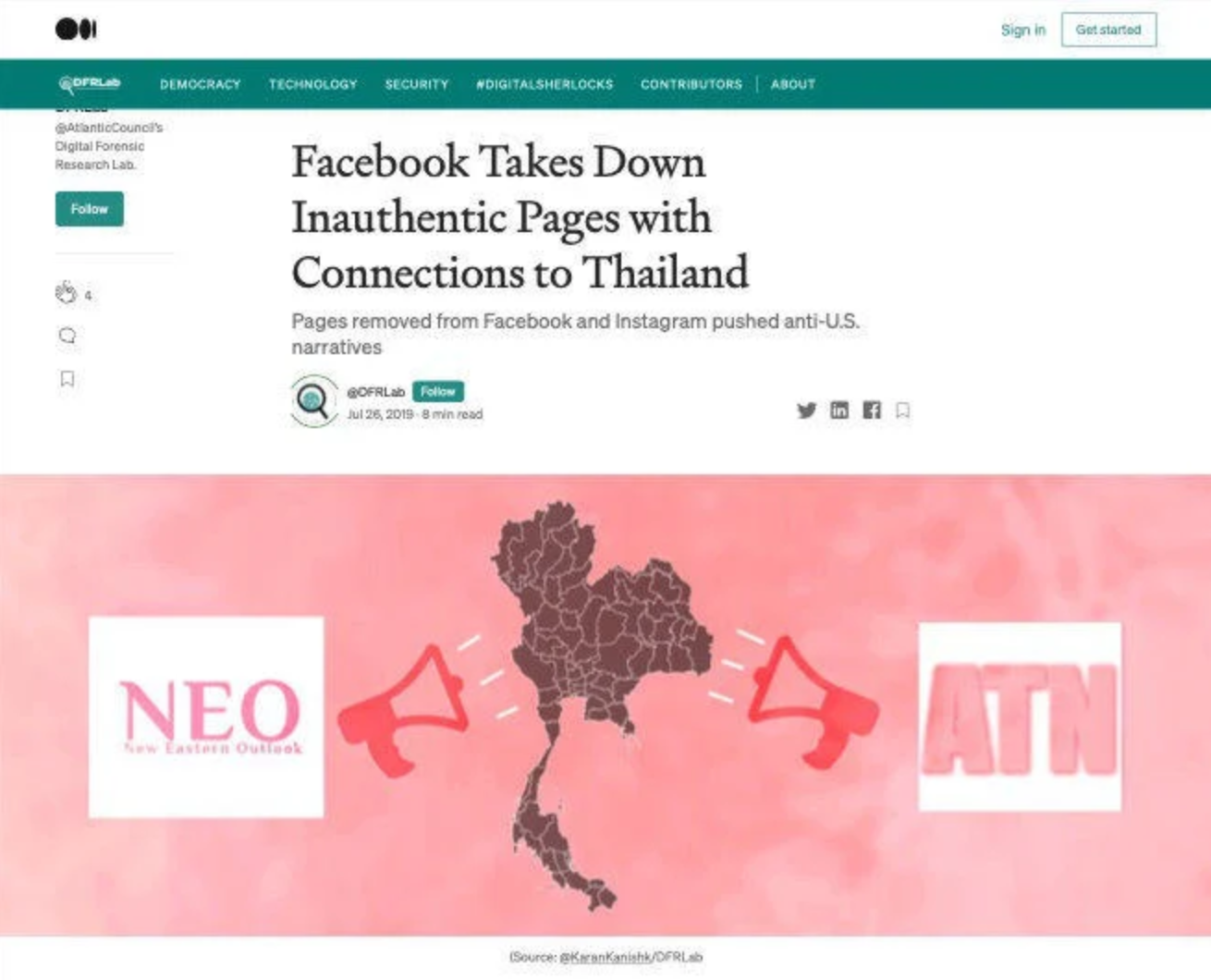 Une capture d'écran du site du Digital Forensic Research Lab montre une page du site New Eastern Outlook qui a été retirée par Facebook pour diffusion de fausses informations concernant les États-Unis.