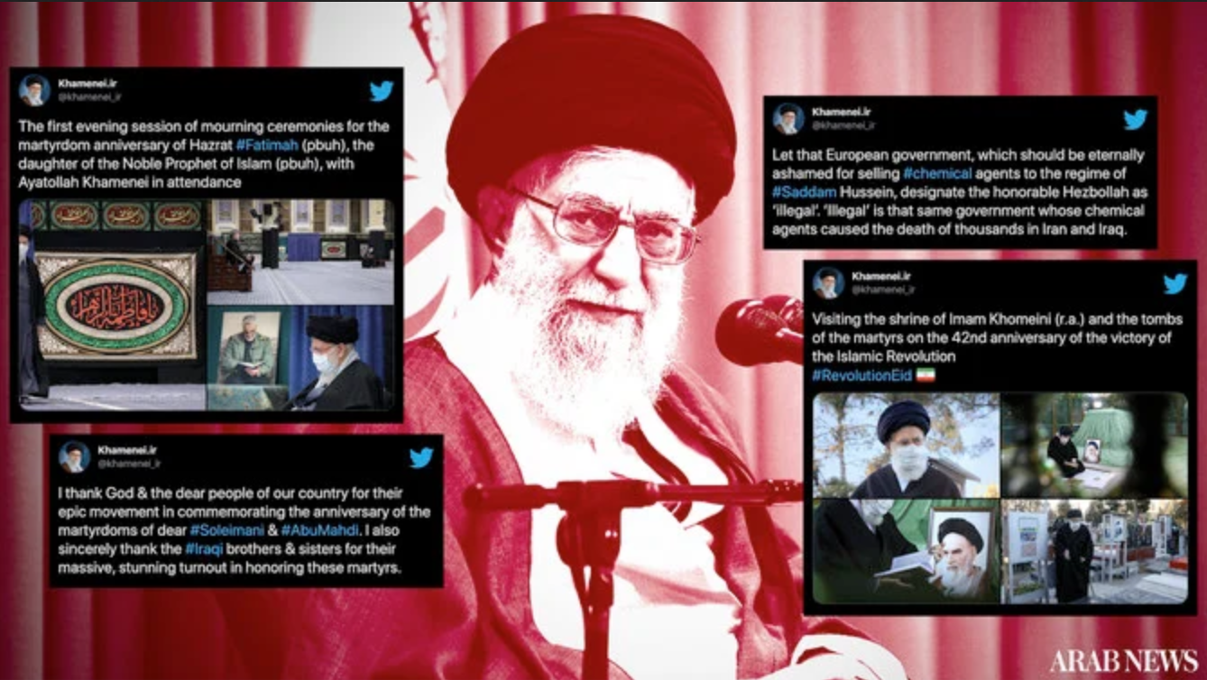 Le guide suprême iranien, l’ayatollah Ali Khamenei, est connu pour avoir utilisé ses comptes Twitter pour inciter à la haine, à la violence et à la désinformation. Pourtant, ses nombreux comptes en plusieurs langues existent toujours sur la plate-forme. (Design par AN)