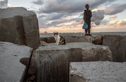 Un chat et un enfant sur des blocs de béton au bord de la mer Méditerranée dans le port historique d'Alexandrie, dans le nord de l'Égypte, le 26 mars 2021.(Khaled Desouki/AFP)
