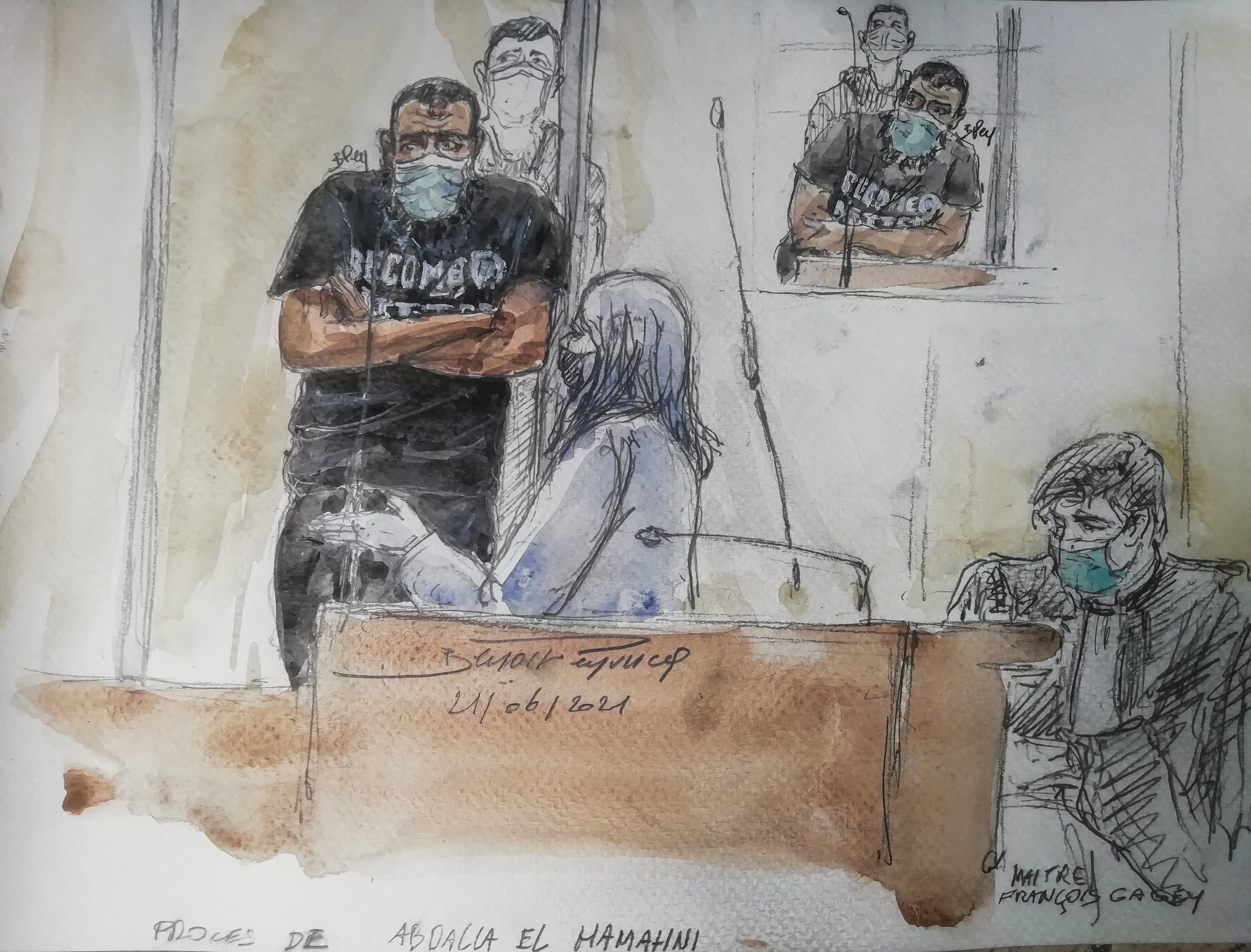 Ce croquis de cour réalisé à Paris le 21 juin 2021 montre Abd alla El Hamamélis lors du procès dans un palais de justice de Paris (Photo, AFP)