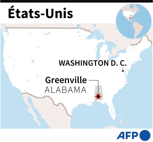 Carte de localisation de Greenville (Alabama) aux Etats-Unis (Graphique, AFP)