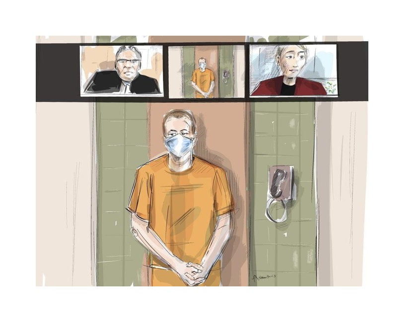 Croquis de l'artiste de la salle d'audience, Nathaniel Veltman fait une comparution virtuelle devant un tribunal en Ontario. Le tribunal a ajourné l'affaire Veltman, accusé d'avoir délibérément écrasé et tué une famille musulmane de quatre personnes (Photo, PA)