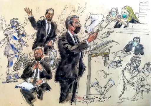 Ce croquis d'audience réalisé à Paris le 15 juin 2021 montre l'ancien président français Nicolas Sarkozy lors d'une audience du procès de l'affaire Bygmalion (Photo, AFP)