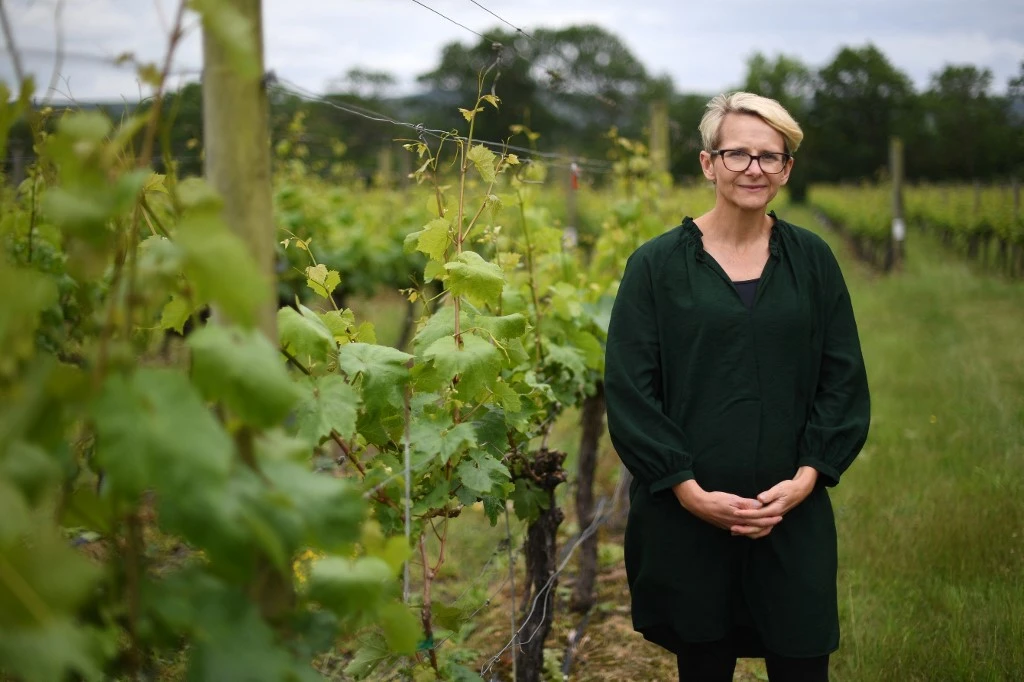 Le PDG de Ridgeview Winery, Tamara Roberts, pose pour une photo parmi leurs vignes dans leur vignoble près de Burgess Hill, dans le sud de l'Angleterre (AFP)