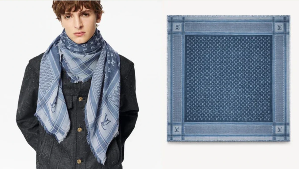 La marque propose une écharpe à carreaux bleus décoré du monogramme de Louis Vuitton et du motif palestinien caractéristique. (Louis Vuitton)