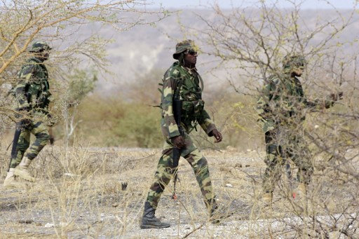Des soldats sénégalais patrouillent dans un champ, le 24 février 2016, à Thiès (Photo, AFP)