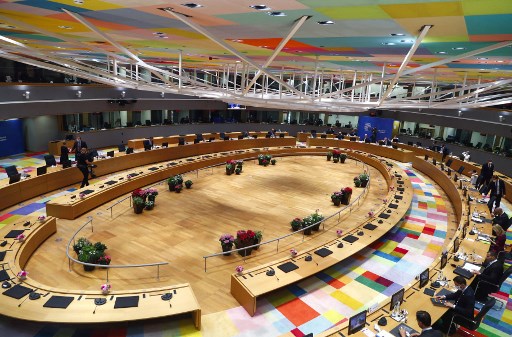 Une vue générale des dirigeants de l'Union européenne réunis au siège de l’UE à Bruxelles le 25 juin 2021. (Johanna Geron/Pool/AFP)